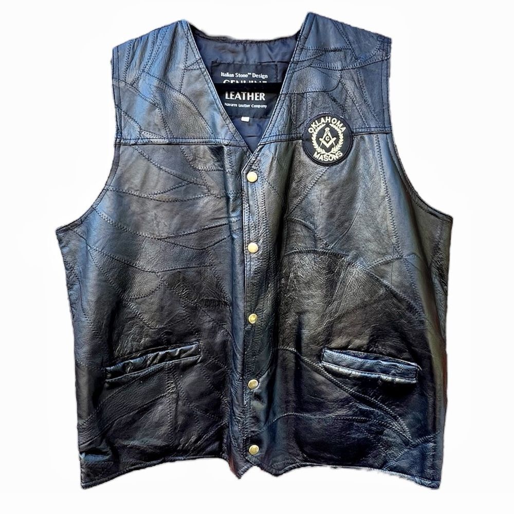 Vintage Genuine black leather Oklahoma Masons patchwork snap front Vest XXL